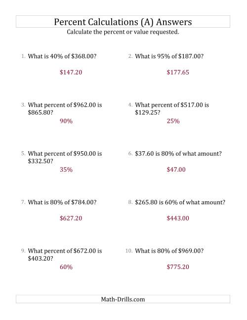 The Mixed Percent Problems with Decimal Currency Amounts and Multiples of 5 Percents (A) Math Worksheet Page 2