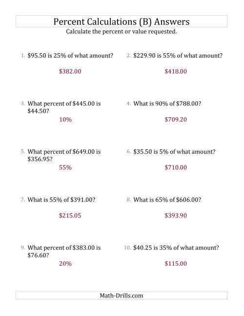 The Mixed Percent Problems with Decimal Currency Amounts and Multiples of 5 Percents (B) Math Worksheet Page 2