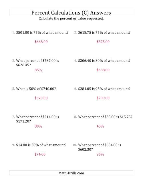 The Mixed Percent Problems with Decimal Currency Amounts and Multiples of 5 Percents (C) Math Worksheet Page 2