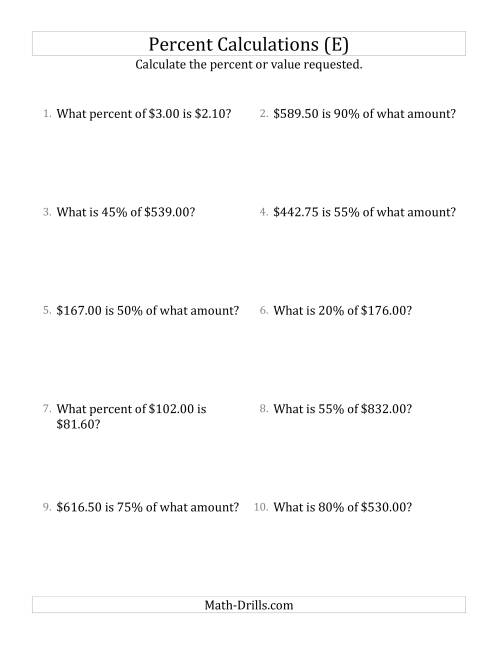 The Mixed Percent Problems with Decimal Currency Amounts and Multiples of 5 Percents (E) Math Worksheet
