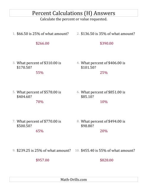 The Mixed Percent Problems with Decimal Currency Amounts and Multiples of 5 Percents (H) Math Worksheet Page 2