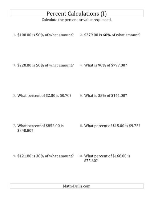 The Mixed Percent Problems with Decimal Currency Amounts and Multiples of 5 Percents (I) Math Worksheet