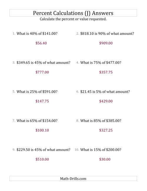 The Mixed Percent Problems with Decimal Currency Amounts and Multiples of 5 Percents (J) Math Worksheet Page 2
