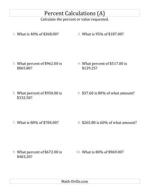 The Mixed Percent Problems with Decimal Currency Amounts and Multiples of 5 Percents (All) Math Worksheet