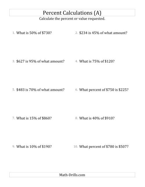 The Mixed Percent Problems with Whole Number Currency Amounts and Multiples of 5 Percents (A) Math Worksheet