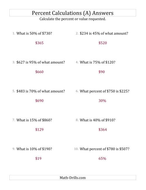 The Mixed Percent Problems with Whole Number Currency Amounts and Multiples of 5 Percents (A) Math Worksheet Page 2