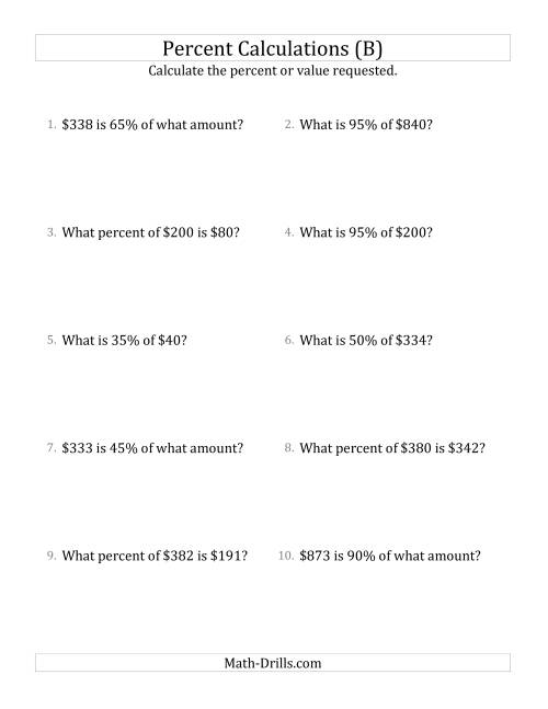 The Mixed Percent Problems with Whole Number Currency Amounts and Multiples of 5 Percents (B) Math Worksheet