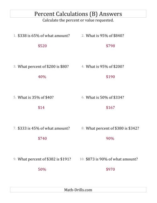 The Mixed Percent Problems with Whole Number Currency Amounts and Multiples of 5 Percents (B) Math Worksheet Page 2