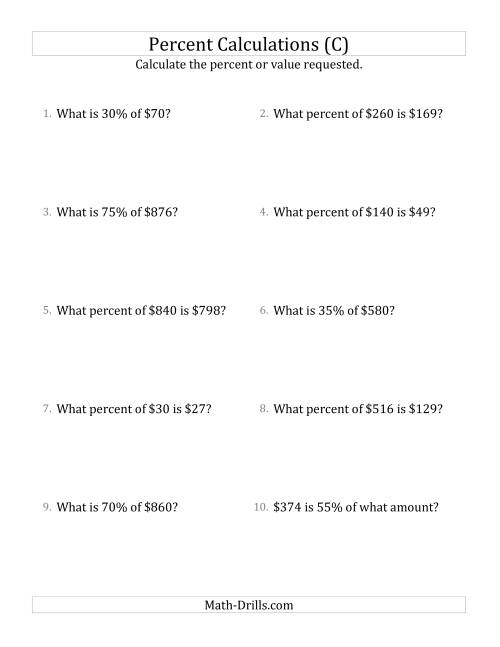 The Mixed Percent Problems with Whole Number Currency Amounts and Multiples of 5 Percents (C) Math Worksheet