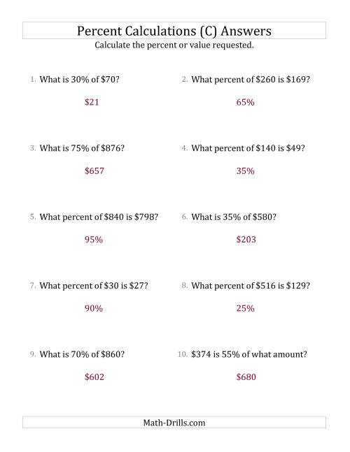 The Mixed Percent Problems with Whole Number Currency Amounts and Multiples of 5 Percents (C) Math Worksheet Page 2