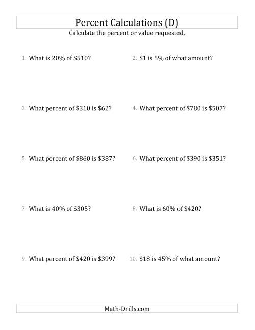 The Mixed Percent Problems with Whole Number Currency Amounts and Multiples of 5 Percents (D) Math Worksheet