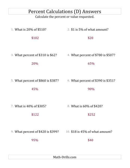 The Mixed Percent Problems with Whole Number Currency Amounts and Multiples of 5 Percents (D) Math Worksheet Page 2