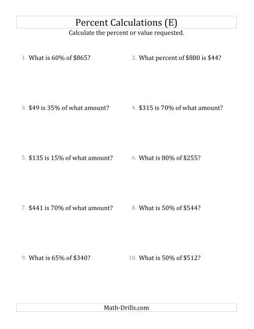 The Mixed Percent Problems with Whole Number Currency Amounts and Multiples of 5 Percents (E) Math Worksheet