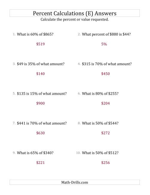 The Mixed Percent Problems with Whole Number Currency Amounts and Multiples of 5 Percents (E) Math Worksheet Page 2