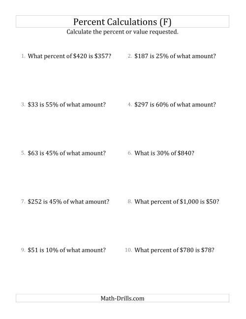 The Mixed Percent Problems with Whole Number Currency Amounts and Multiples of 5 Percents (F) Math Worksheet