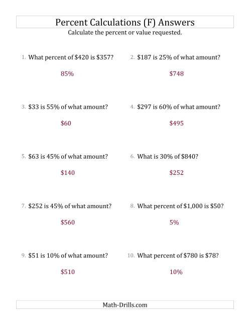The Mixed Percent Problems with Whole Number Currency Amounts and Multiples of 5 Percents (F) Math Worksheet Page 2