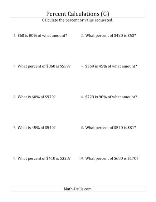 The Mixed Percent Problems with Whole Number Currency Amounts and Multiples of 5 Percents (G) Math Worksheet
