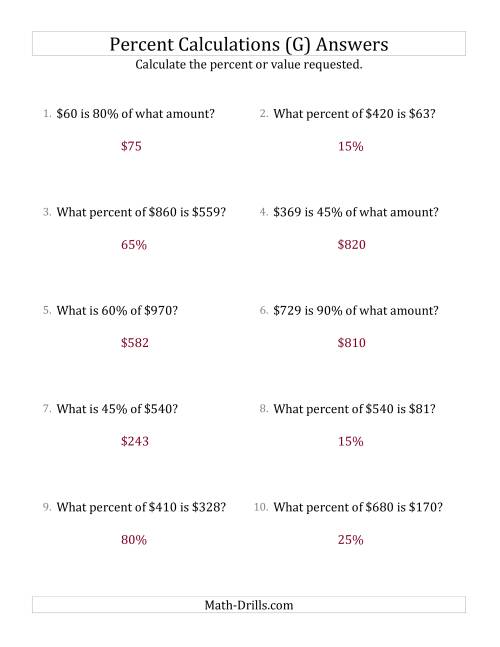 The Mixed Percent Problems with Whole Number Currency Amounts and Multiples of 5 Percents (G) Math Worksheet Page 2