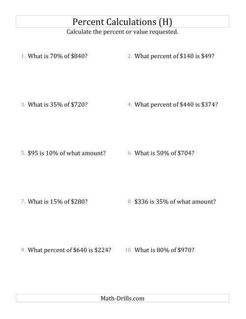 The Mixed Percent Problems with Whole Number Currency Amounts and Multiples of 5 Percents (H) Math Worksheet