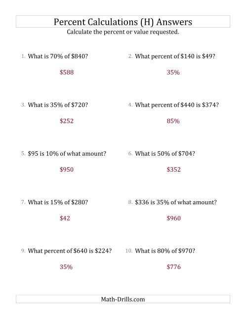 The Mixed Percent Problems with Whole Number Currency Amounts and Multiples of 5 Percents (H) Math Worksheet Page 2