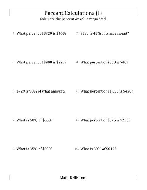 The Mixed Percent Problems with Whole Number Currency Amounts and Multiples of 5 Percents (I) Math Worksheet