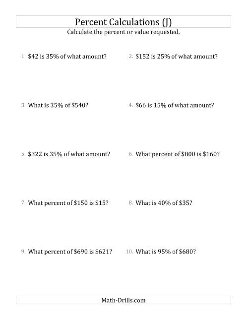 The Mixed Percent Problems with Whole Number Currency Amounts and Multiples of 5 Percents (J) Math Worksheet