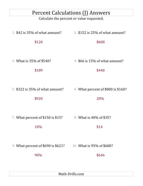 The Mixed Percent Problems with Whole Number Currency Amounts and Multiples of 5 Percents (J) Math Worksheet Page 2