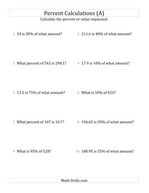 The Mixed Percent Problems with Decimal Amounts and Multiples of 5 Percents (A) Math Worksheet