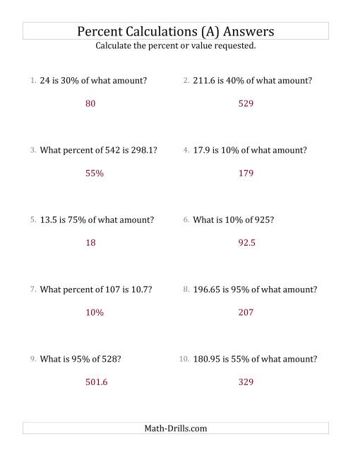 The Mixed Percent Problems with Decimal Amounts and Multiples of 5 Percents (A) Math Worksheet Page 2