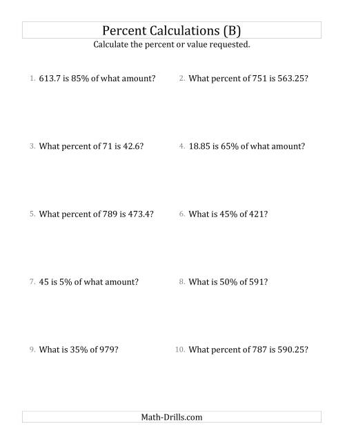 The Mixed Percent Problems with Decimal Amounts and Multiples of 5 Percents (B) Math Worksheet
