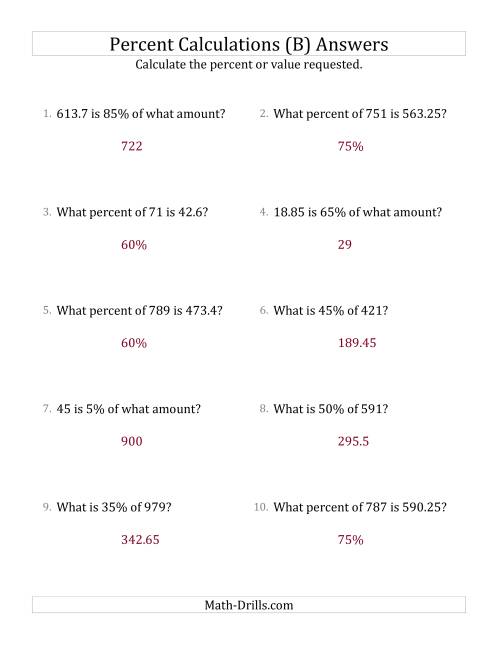 The Mixed Percent Problems with Decimal Amounts and Multiples of 5 Percents (B) Math Worksheet Page 2