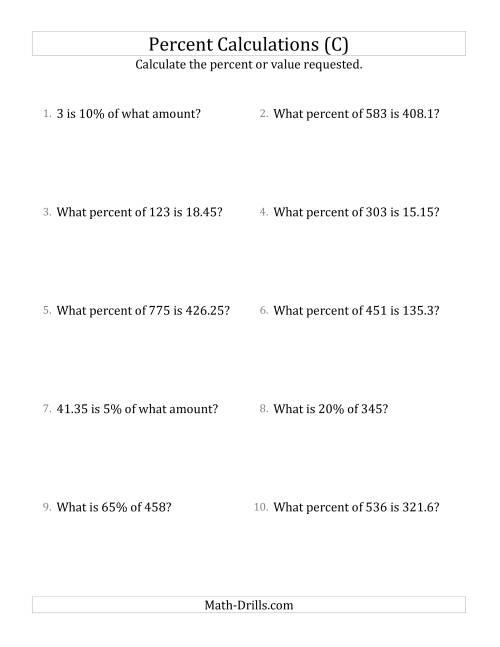 The Mixed Percent Problems with Decimal Amounts and Multiples of 5 Percents (C) Math Worksheet