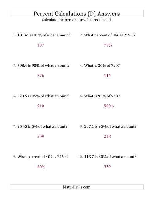 The Mixed Percent Problems with Decimal Amounts and Multiples of 5 Percents (D) Math Worksheet Page 2