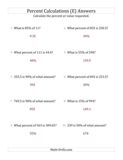 The Mixed Percent Problems with Decimal Amounts and Multiples of 5 Percents (E) Math Worksheet Page 2