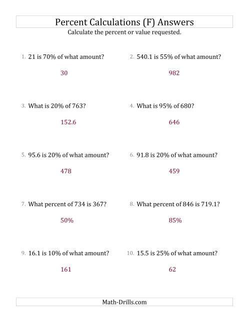 The Mixed Percent Problems with Decimal Amounts and Multiples of 5 Percents (F) Math Worksheet Page 2