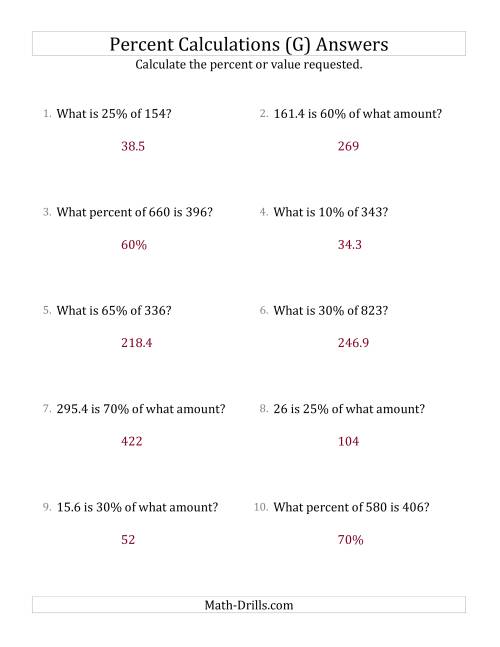 The Mixed Percent Problems with Decimal Amounts and Multiples of 5 Percents (G) Math Worksheet Page 2