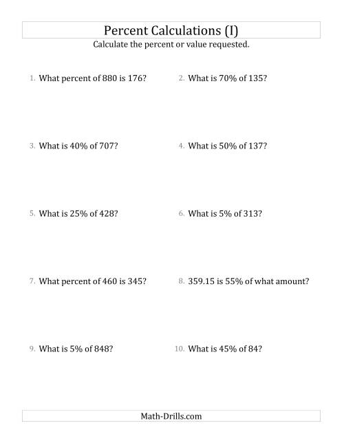 The Mixed Percent Problems with Decimal Amounts and Multiples of 5 Percents (I) Math Worksheet