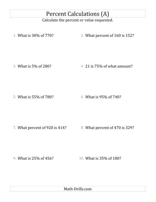 The Mixed Percent Problems with Whole Number Amounts and Multiples of 5 Percents (A) Math Worksheet