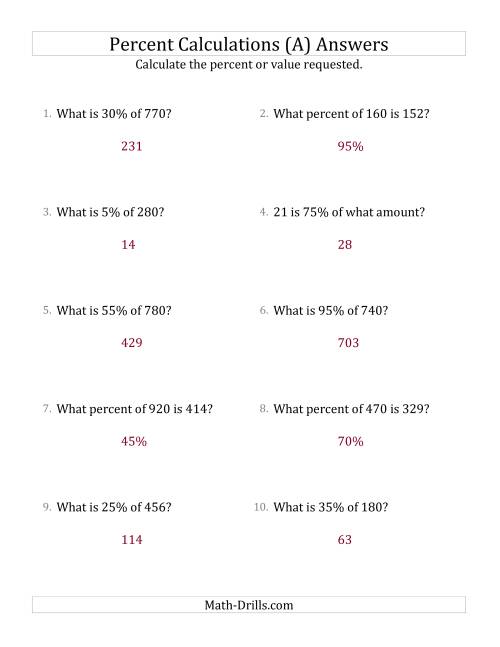 The Mixed Percent Problems with Whole Number Amounts and Multiples of 5 Percents (A) Math Worksheet Page 2