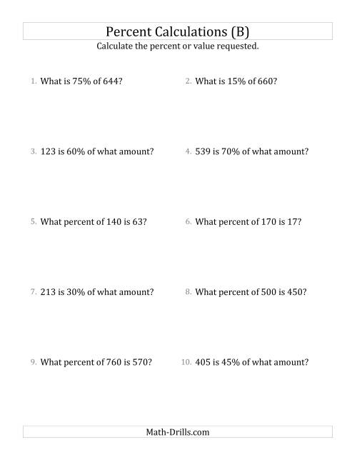 The Mixed Percent Problems with Whole Number Amounts and Multiples of 5 Percents (B) Math Worksheet