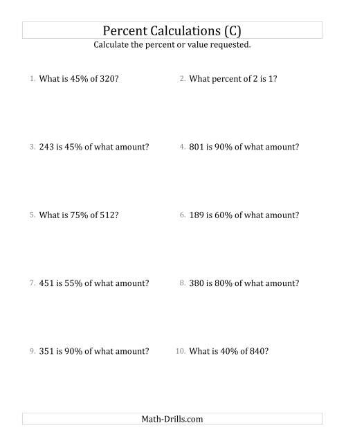 The Mixed Percent Problems with Whole Number Amounts and Multiples of 5 Percents (C) Math Worksheet