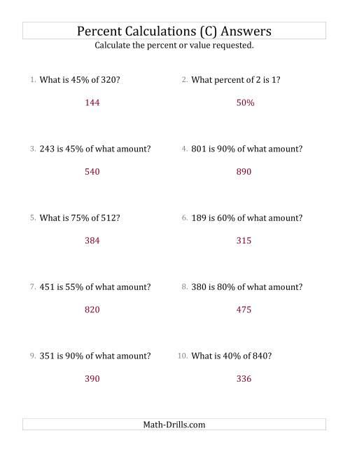 The Mixed Percent Problems with Whole Number Amounts and Multiples of 5 Percents (C) Math Worksheet Page 2