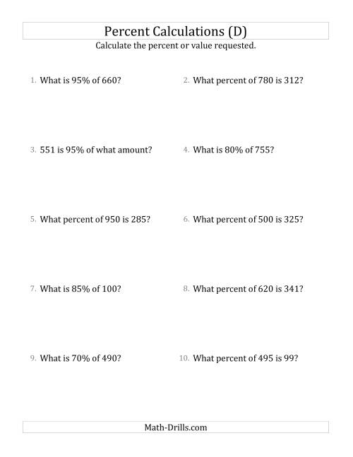 The Mixed Percent Problems with Whole Number Amounts and Multiples of 5 Percents (D) Math Worksheet