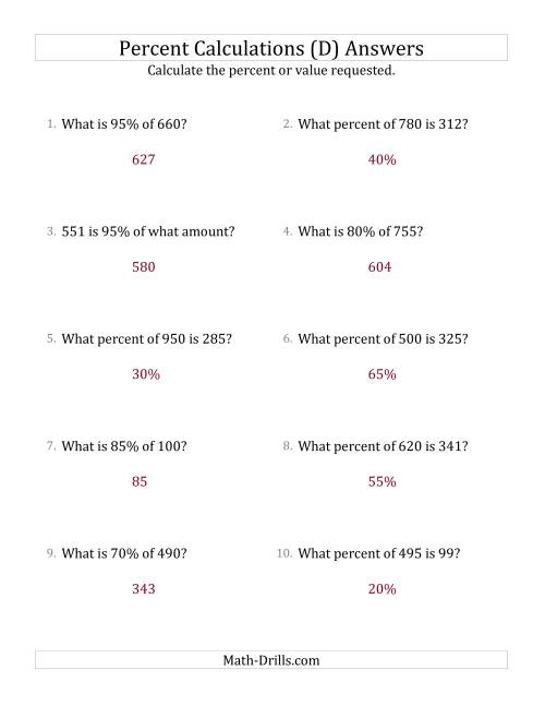 The Mixed Percent Problems with Whole Number Amounts and Multiples of 5 Percents (D) Math Worksheet Page 2