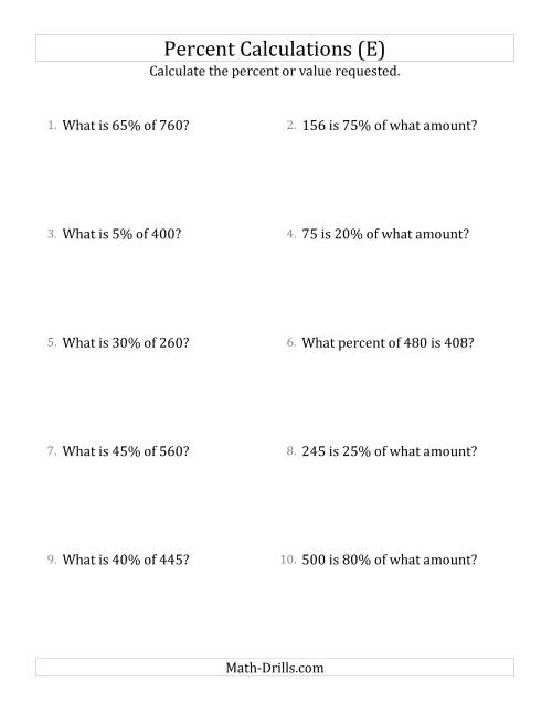 The Mixed Percent Problems with Whole Number Amounts and Multiples of 5 Percents (E) Math Worksheet