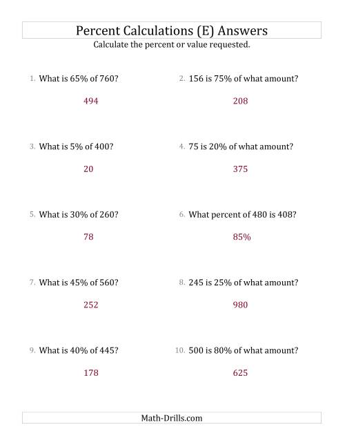 The Mixed Percent Problems with Whole Number Amounts and Multiples of 5 Percents (E) Math Worksheet Page 2