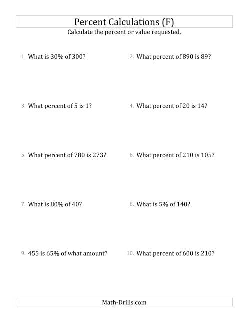 The Mixed Percent Problems with Whole Number Amounts and Multiples of 5 Percents (F) Math Worksheet
