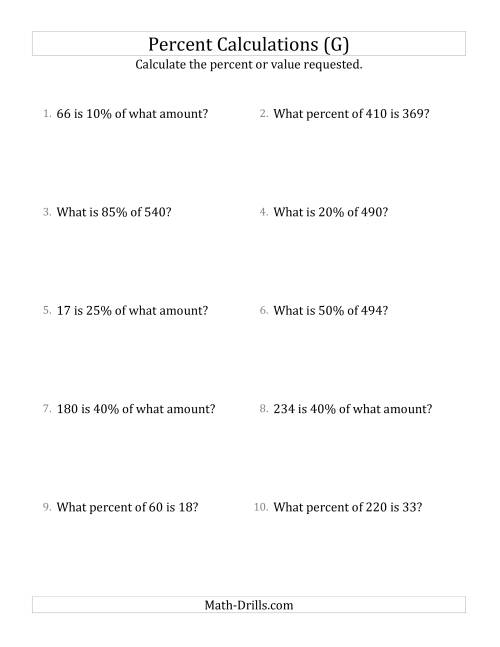 The Mixed Percent Problems with Whole Number Amounts and Multiples of 5 Percents (G) Math Worksheet
