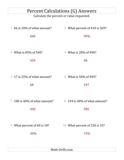 The Mixed Percent Problems with Whole Number Amounts and Multiples of 5 Percents (G) Math Worksheet Page 2