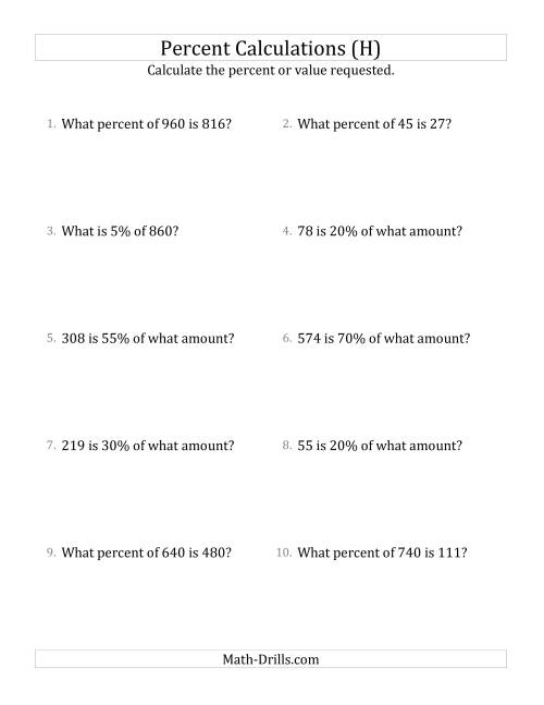 The Mixed Percent Problems with Whole Number Amounts and Multiples of 5 Percents (H) Math Worksheet